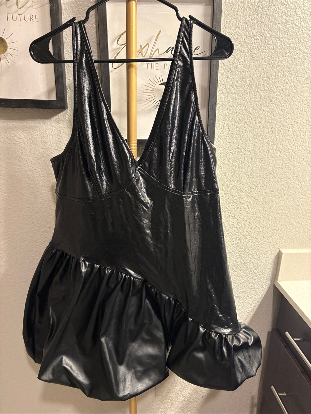 Women’s Black Faux Leather Ruffle-Hem Tunic